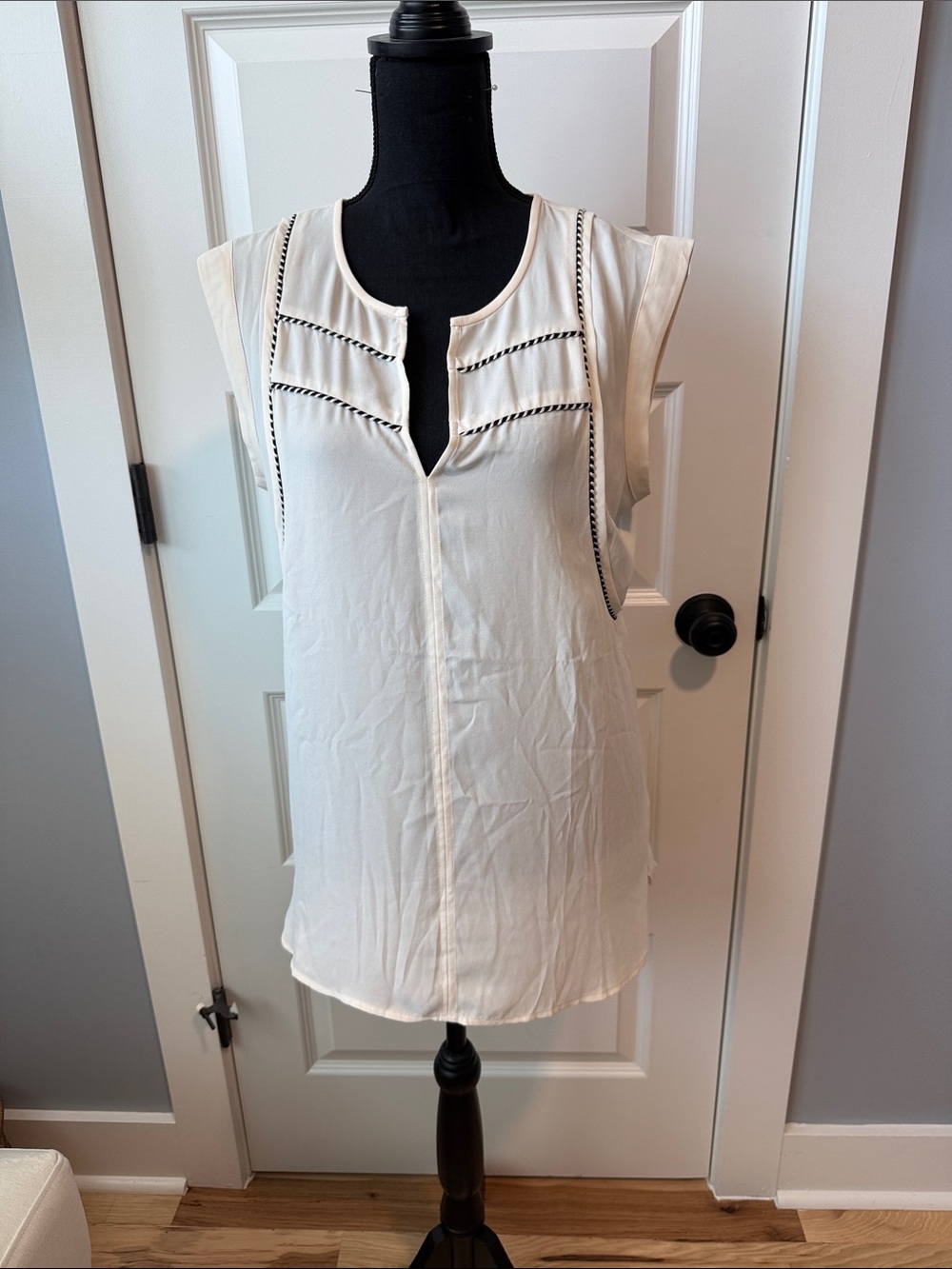 J. Crew Cream Sleeveless Split-Neck Top with Black Trim